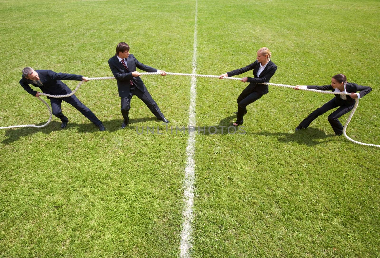 Businessmen and businesswomen playing tug of war
