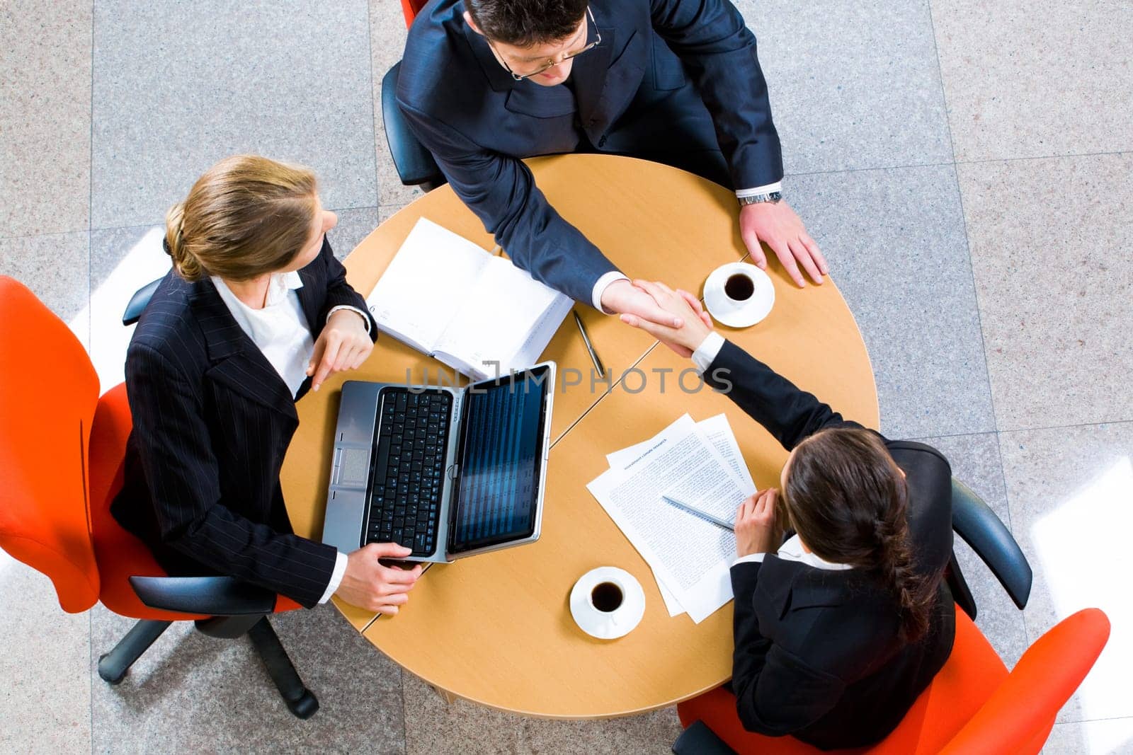 Confident business partners sitting at the table and shaking hands