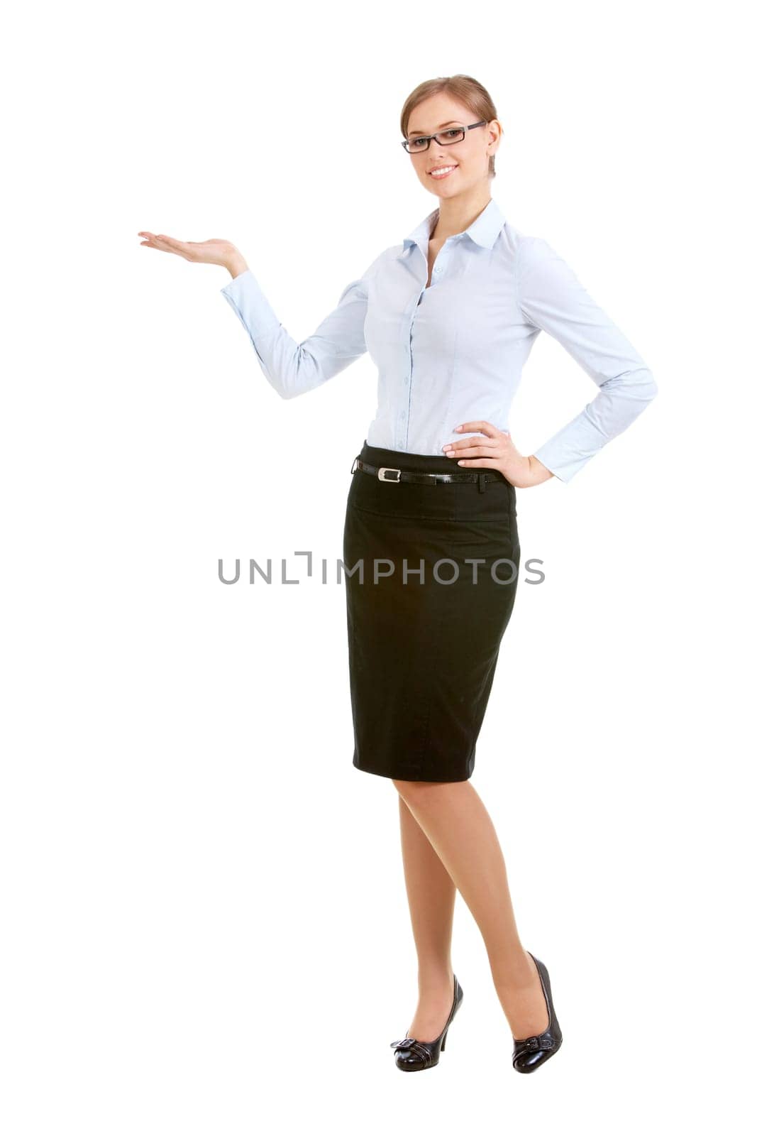 Portrait of an attractive girl in formalwear and glasses pointing at something