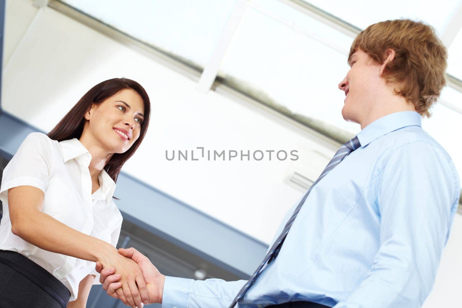 Successful business partners handshaking and looking at each other