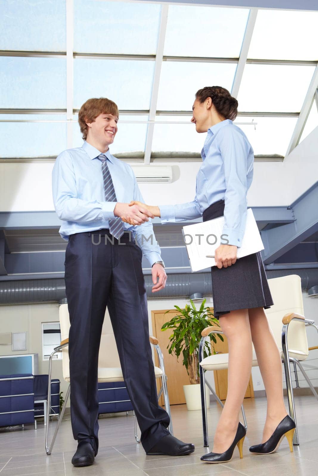 Businesswoman shaking hands with businessman