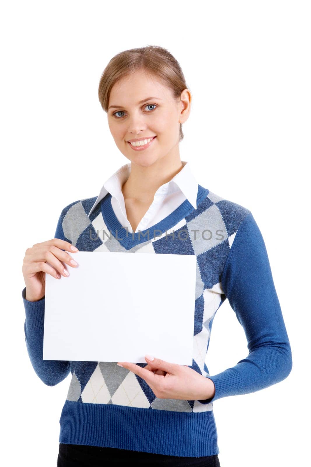 Portrait of smiling woman with blank paper looking at camera