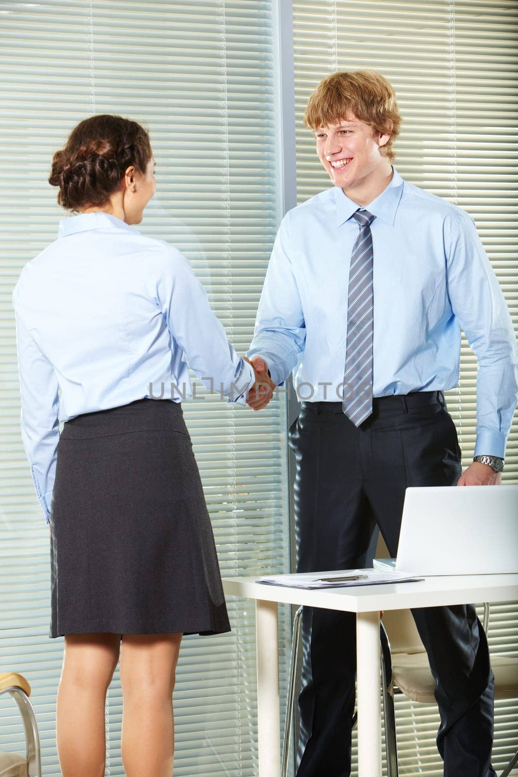 Businesswoman and businessman shaking hands in office