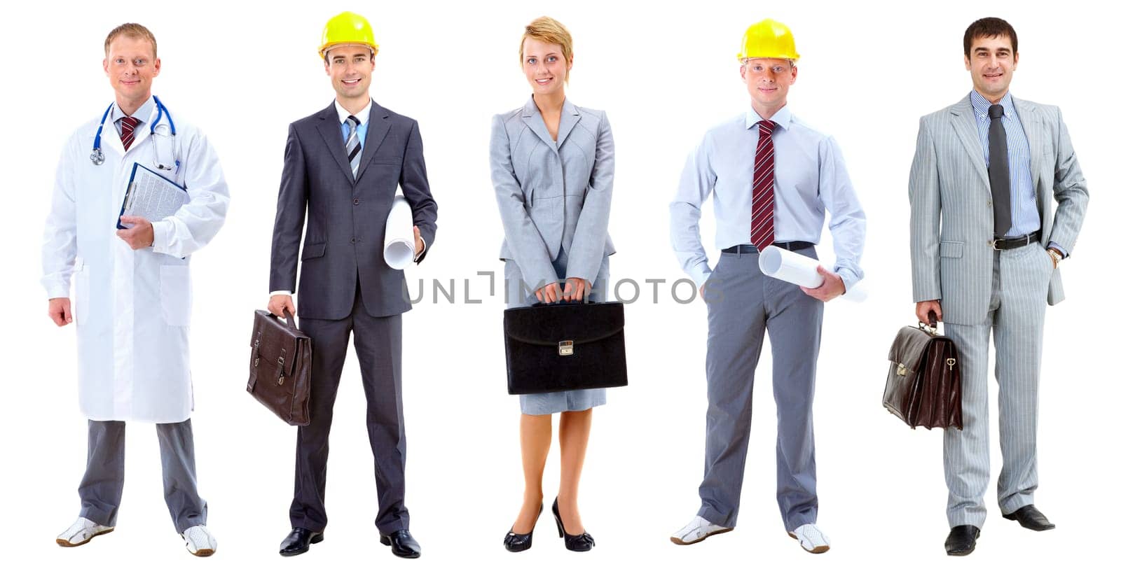 Collage of several people posing before camera