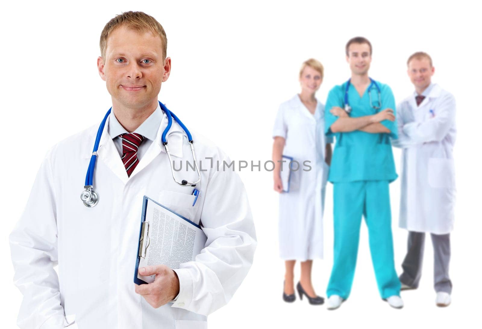 Collage of confident clinicians with handsome doctor in front