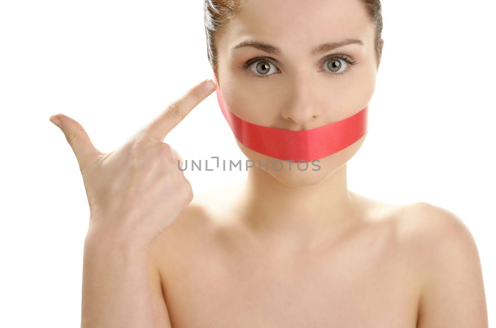 Beautiful woman with red tape on mouth portrait isolated on white