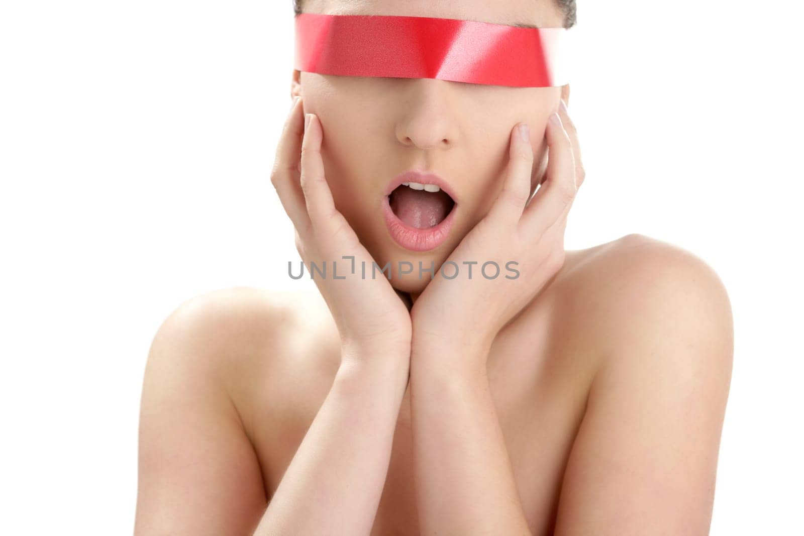 Beautiful cosmetic woman clean portrait, with red tape in eyes
