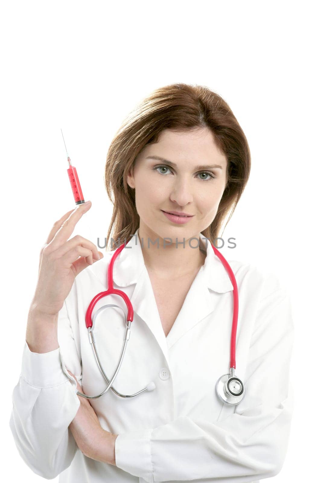 Doctor woman and red syringe isolated on white studio background
