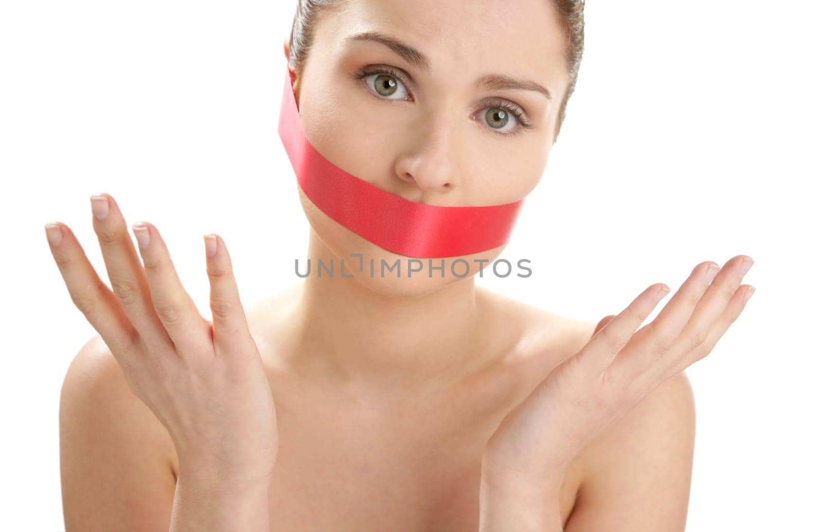 Beautiful woman with red tape on mouth portrait isolated on white
