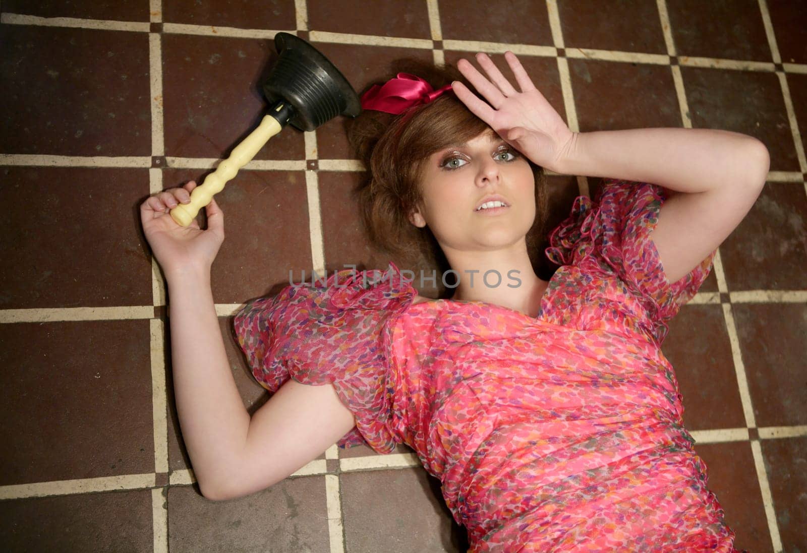 funny young woman housewife, kitchen fashion metaphor