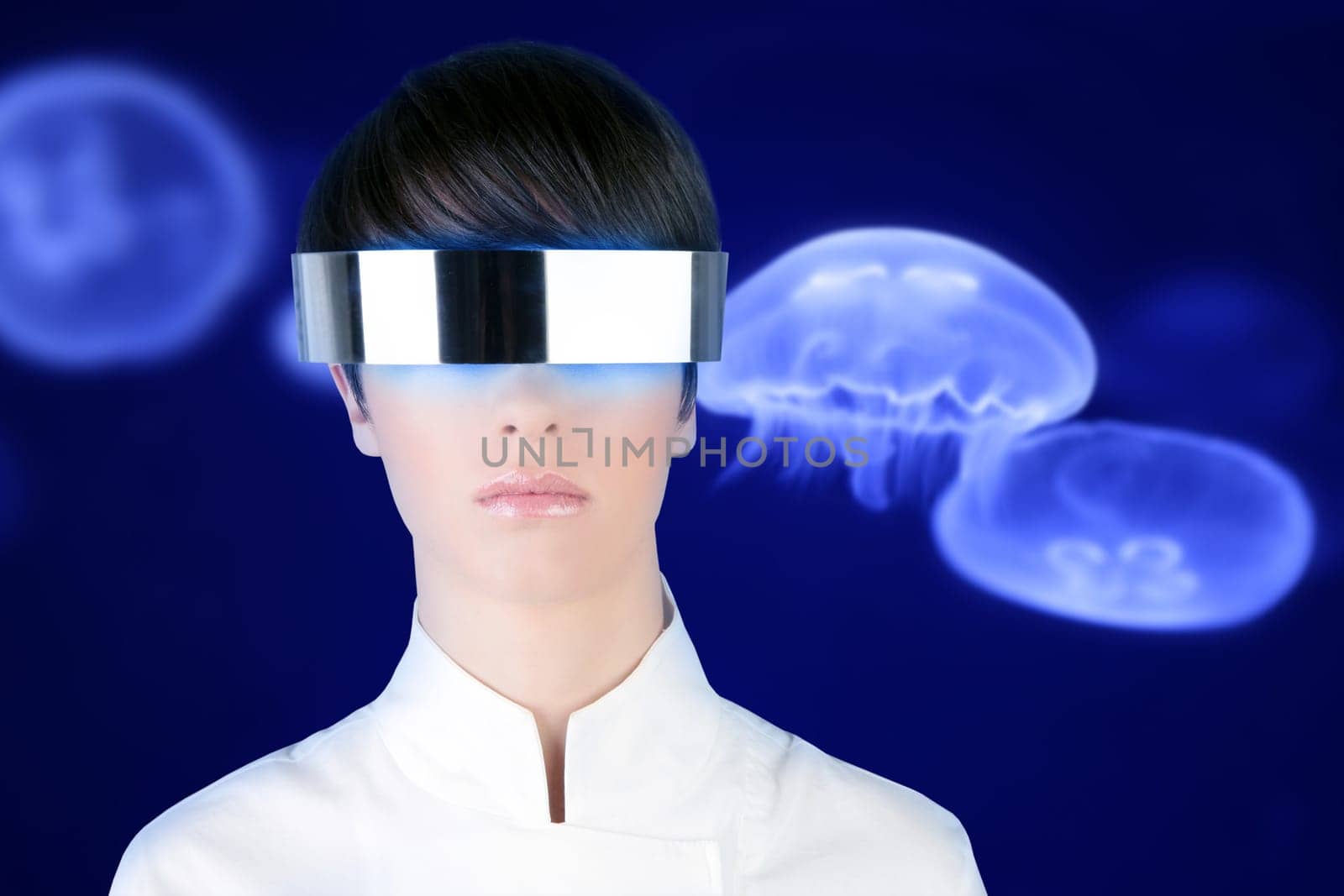 silver futuristic glasses woman blue underwater moon jellyfish background