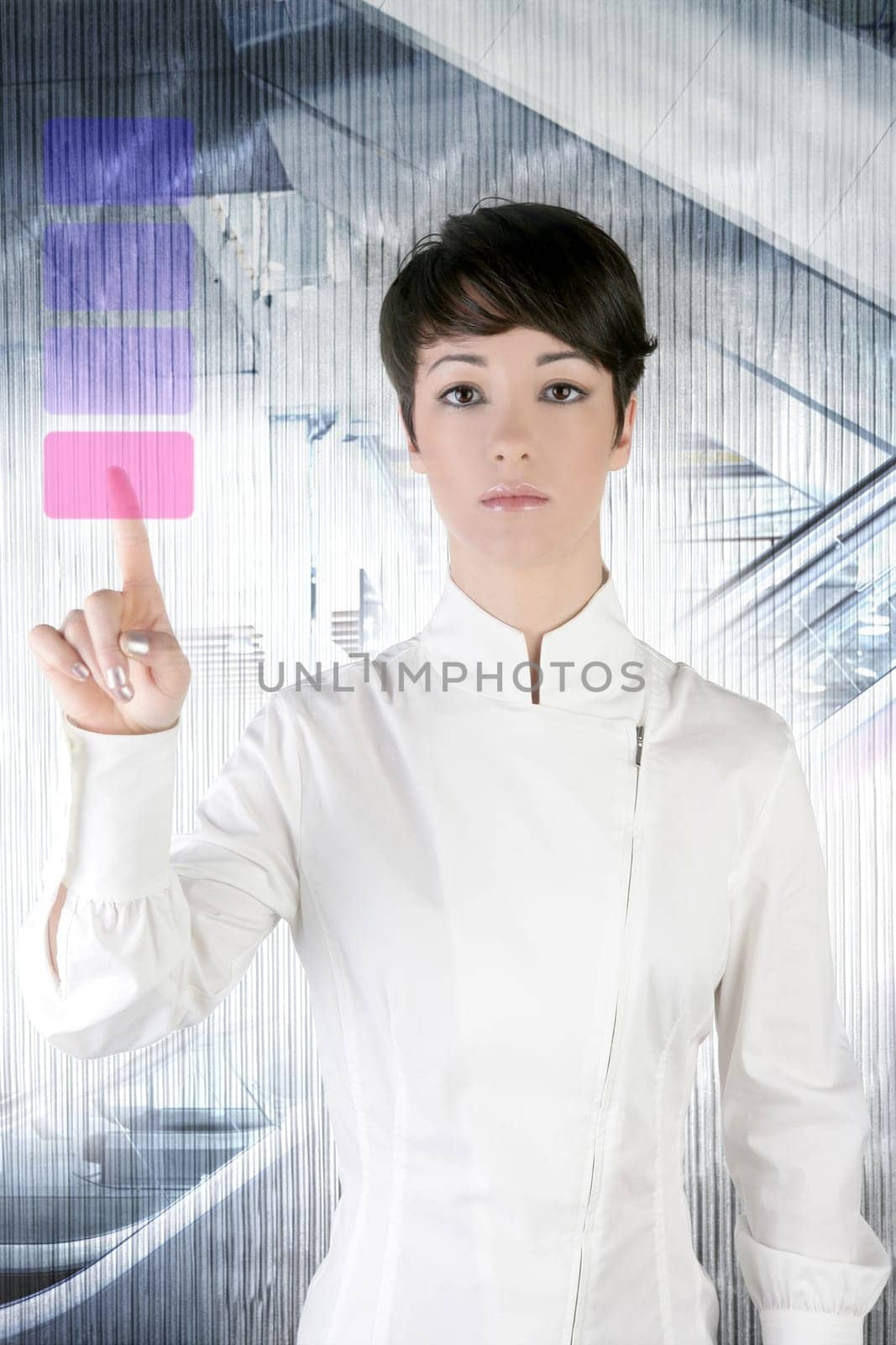 futuristic businesswoman finger touch pad on modern office