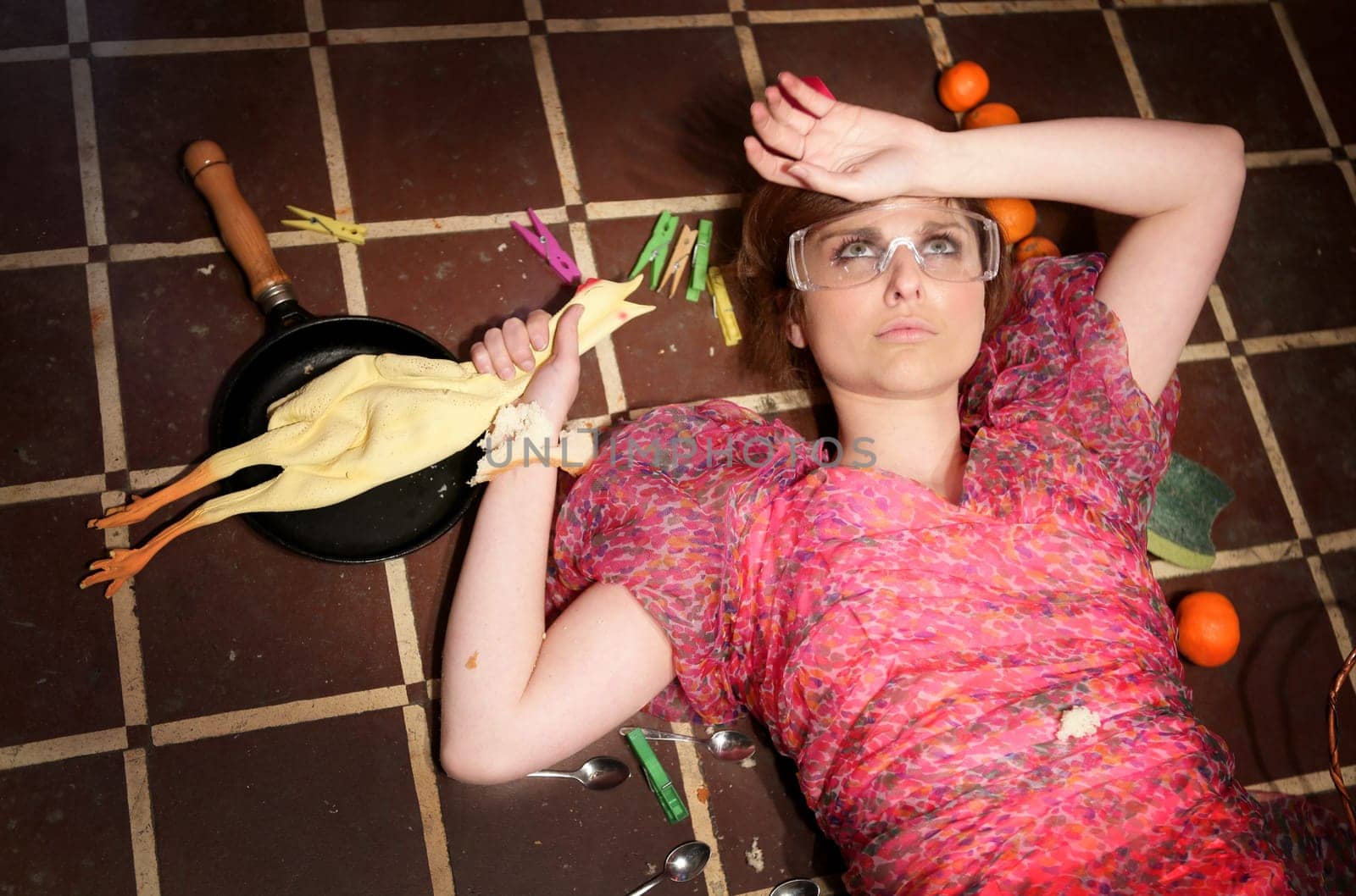 funny young woman housewife, kitchen fashion metaphor