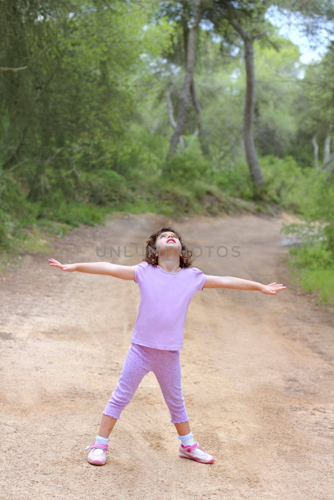 open hands happy little girl forest truck pine woods park