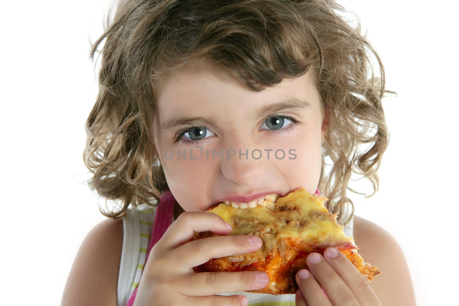 little girl eating hungry pizza closeup portrait face detail