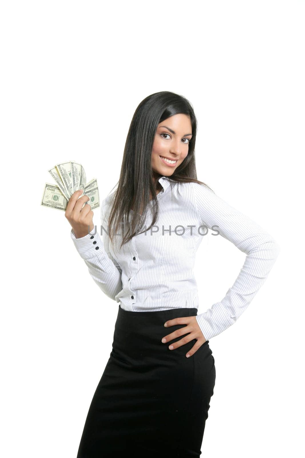 Beautiful success businesswoman holding Dollar notes, isolated on white