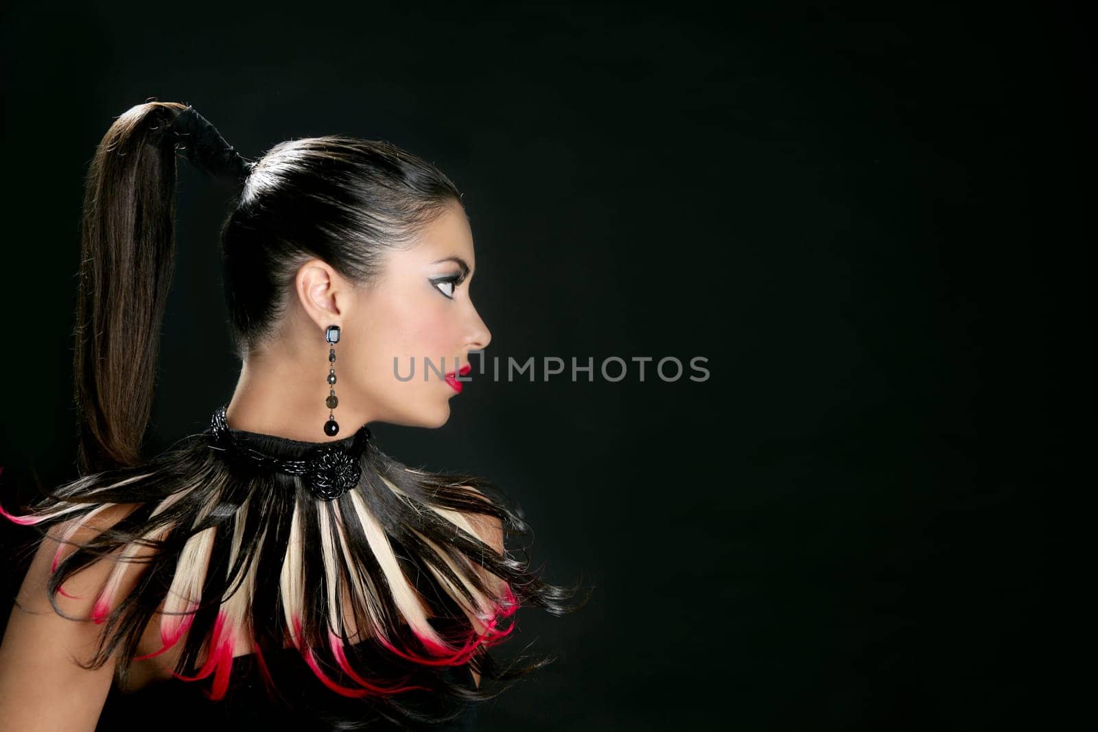 Brunette from India profile fashion portrait with feathers