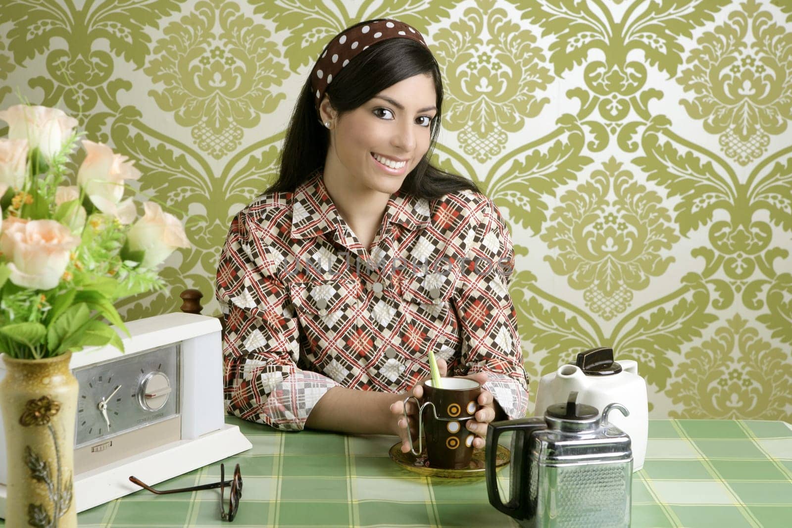 Retro woman drinking coffee on kitchen vintage wallpaper