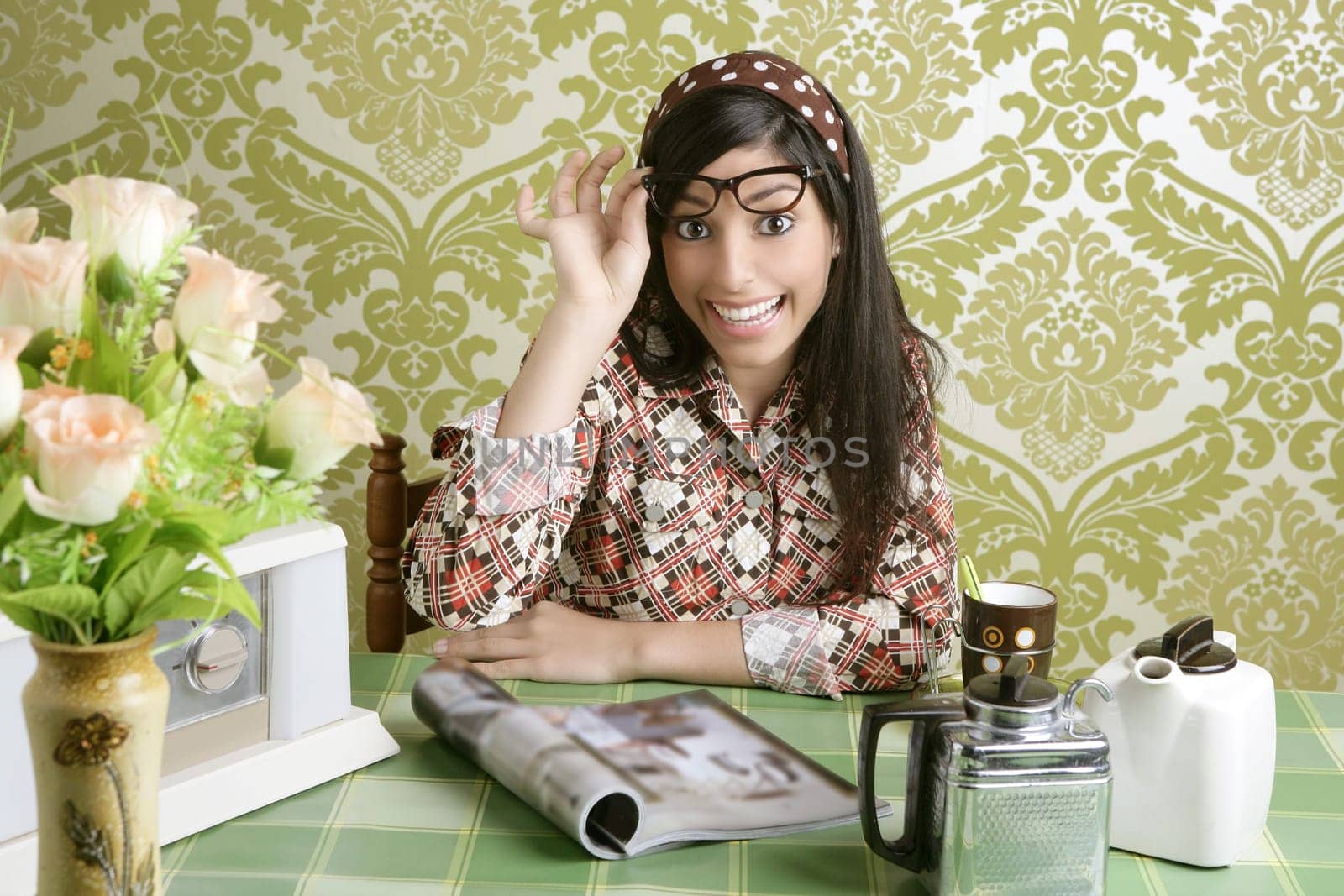 coffee retro woman kitchen coffee with magazine vintage wallpaper