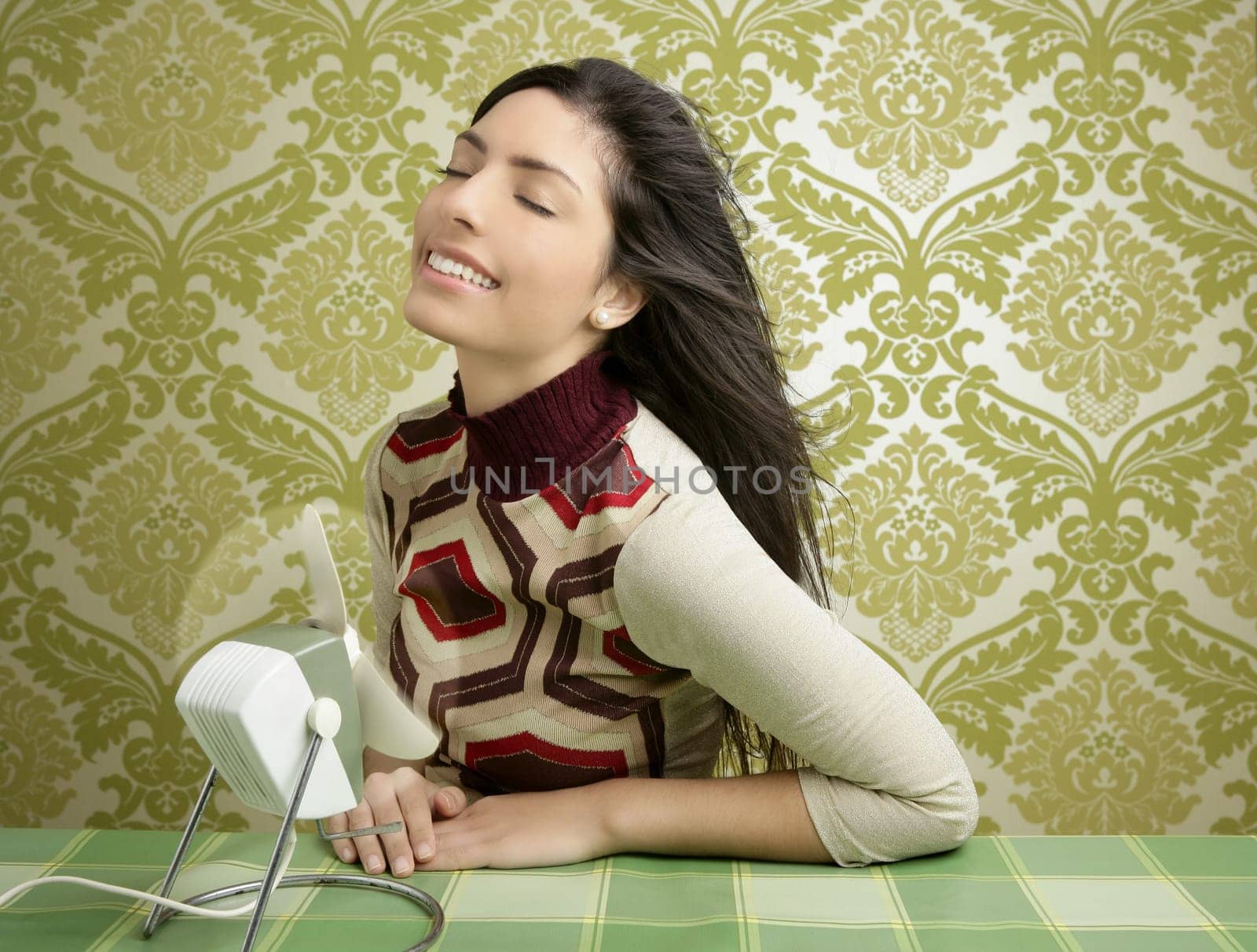 Retro air fan woman vintage tablecloth green sixties wallpaper