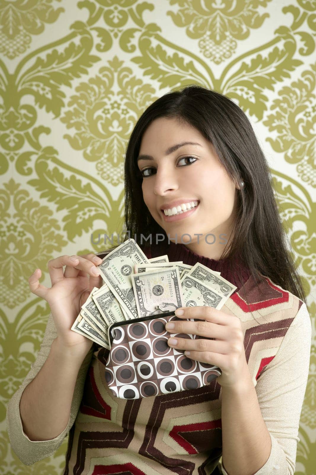 retro purse dollar woman smiling on vintage green wallpaper