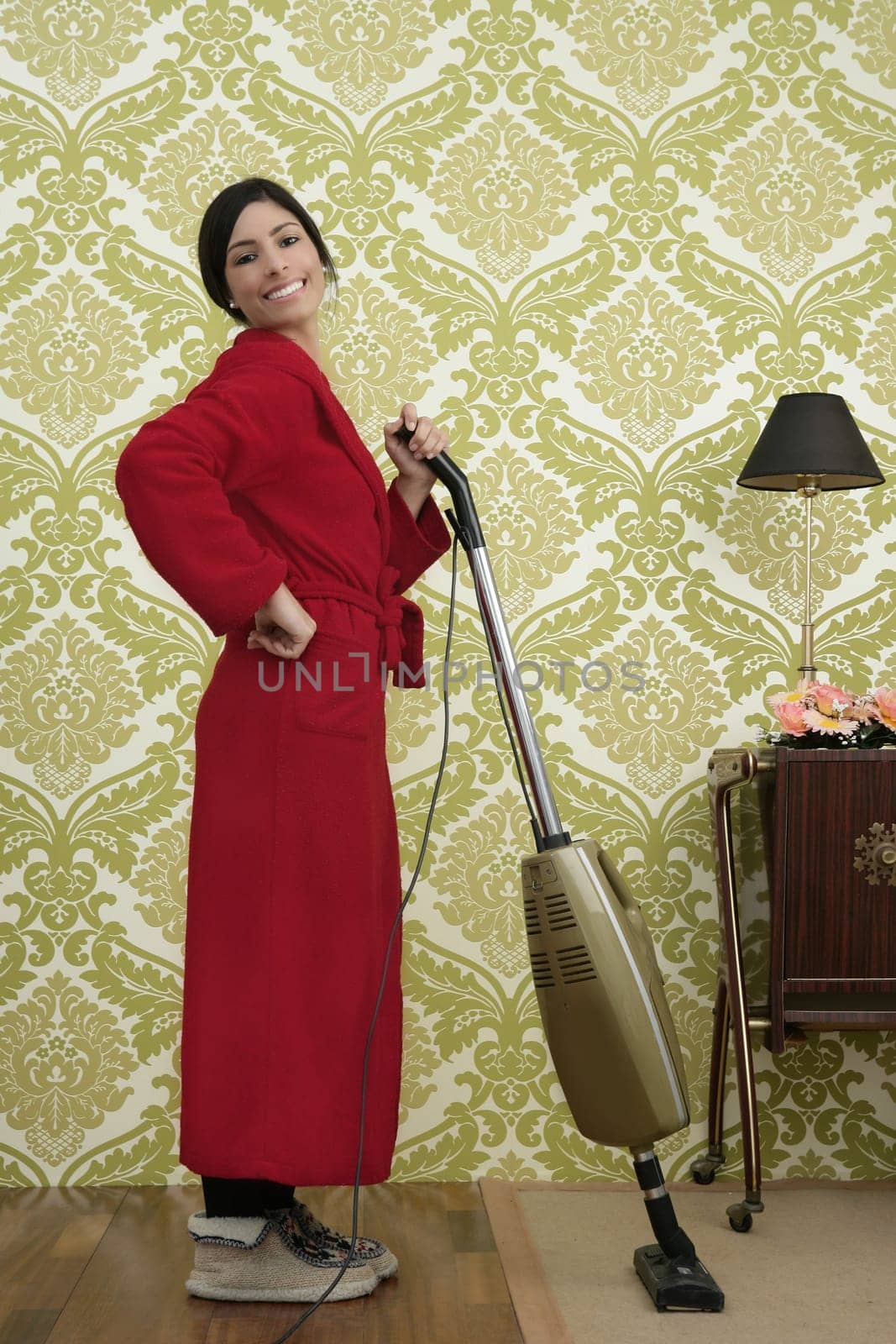 Bathrobe retro housewife woman vacuum cleaner vintage sixties wallpaper