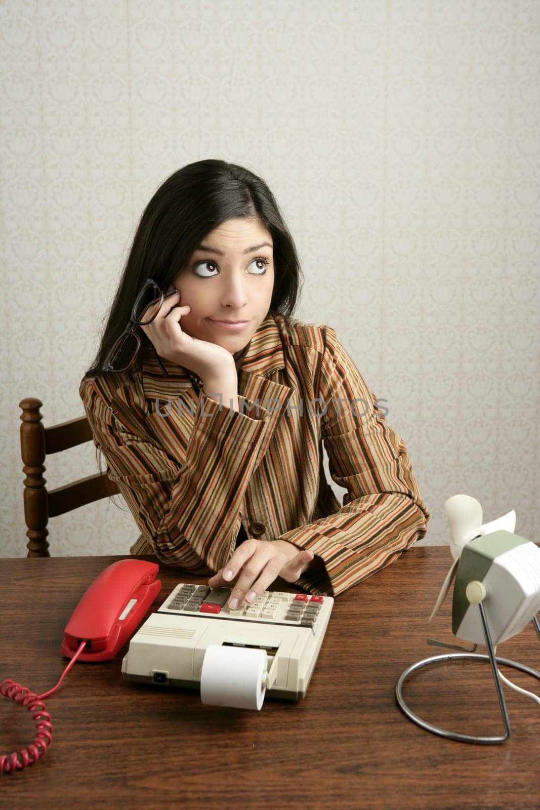 Accountant retro woman calculator bad sales reports negative expression