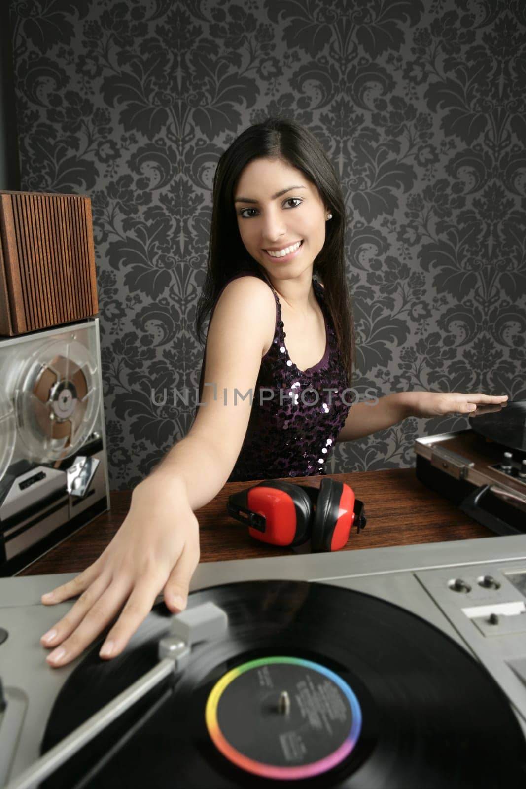 Dj retro woman vintage vinyl turntable music open reel tape recorder