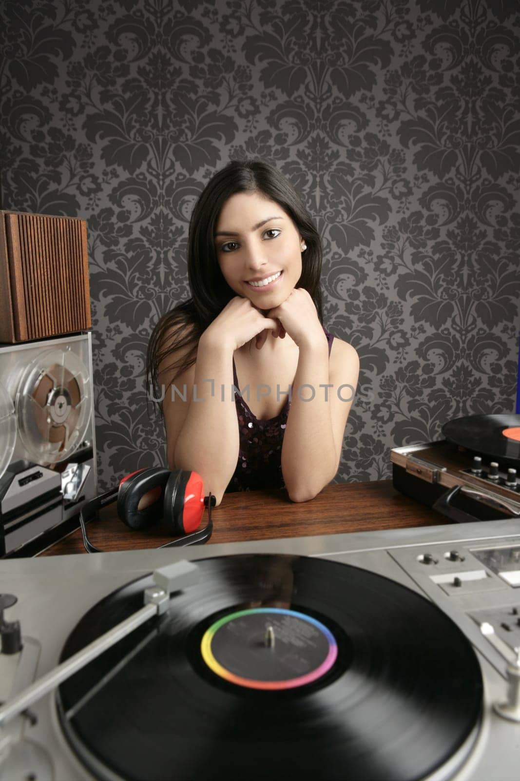 Dj retro woman vintage vinyl turntable music open reel tape recorder