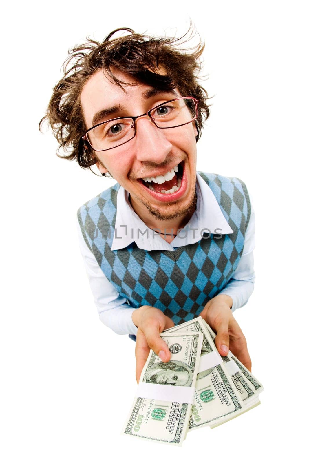 A tousled cheerful man holding dollar batches
