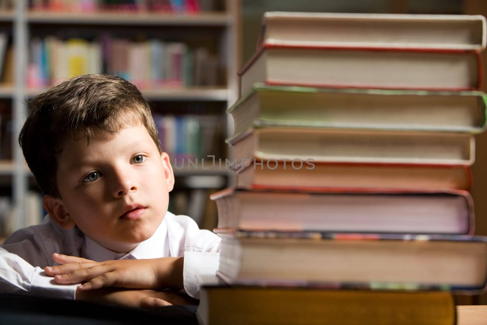 Face of diligent schoolboy looking at stack of books in the library