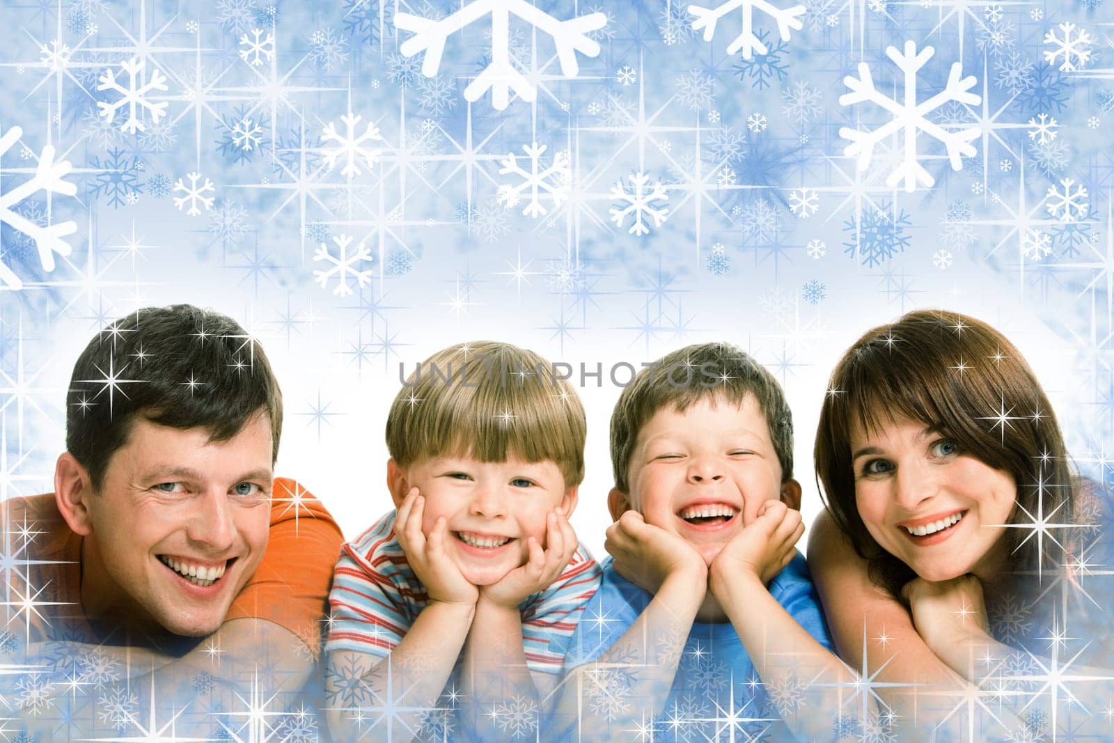 Photo of laughing family on winter snowflake background