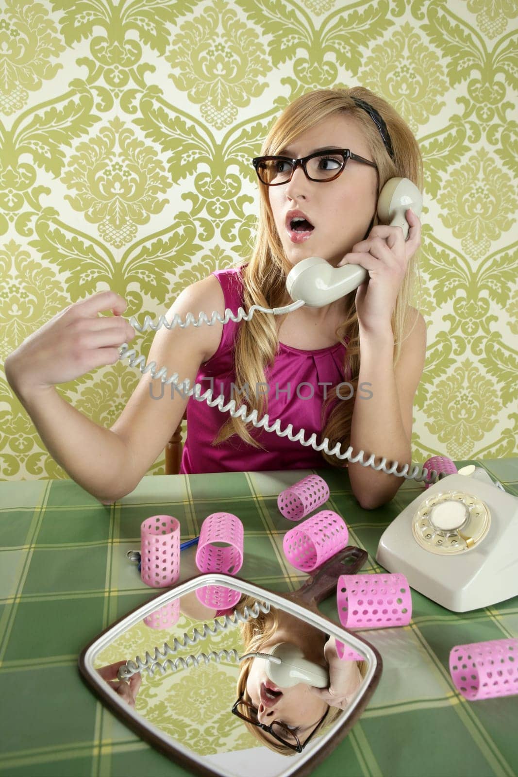 retro housewife telephone woman vintage hysterical surprised gesture