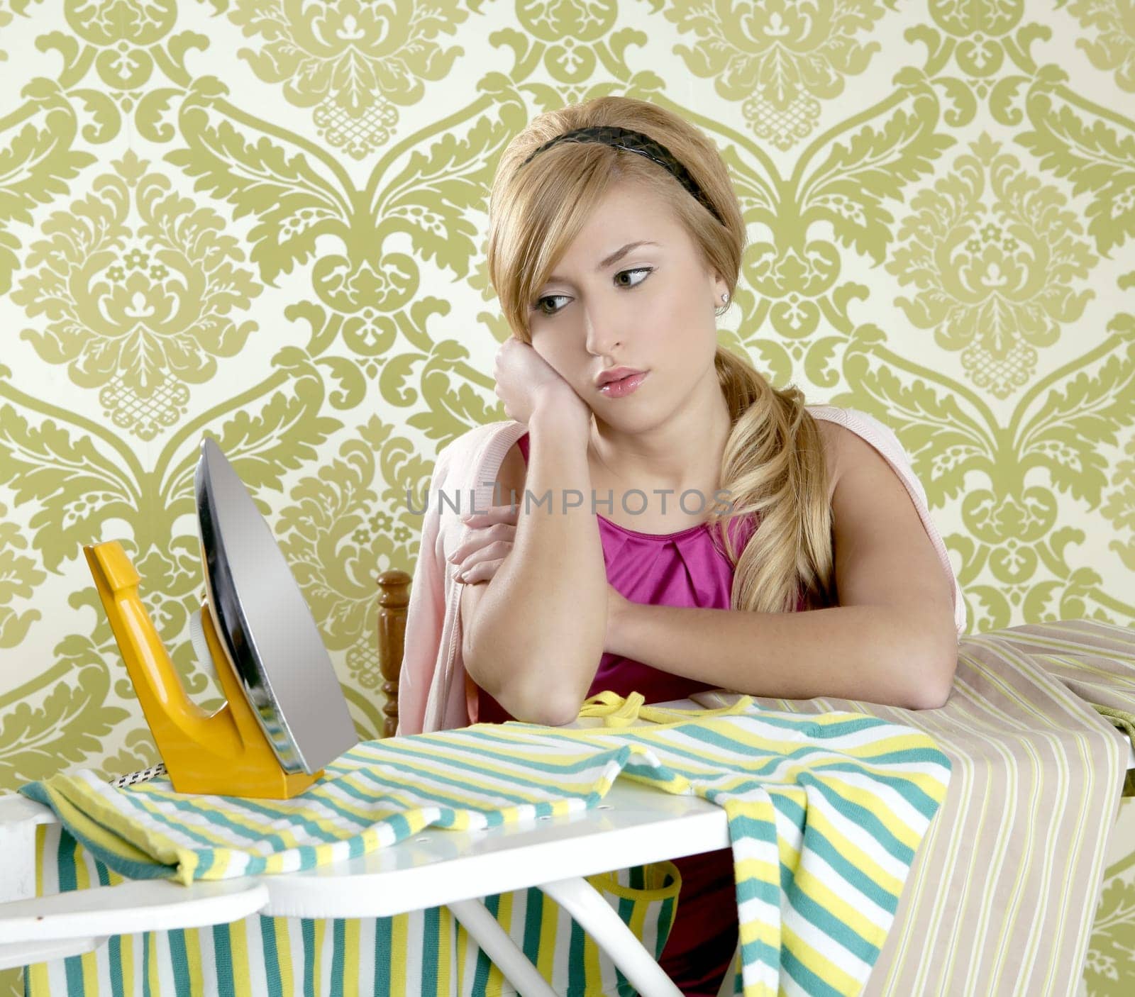 Retro housewife vintage woman clotes iron tired of working