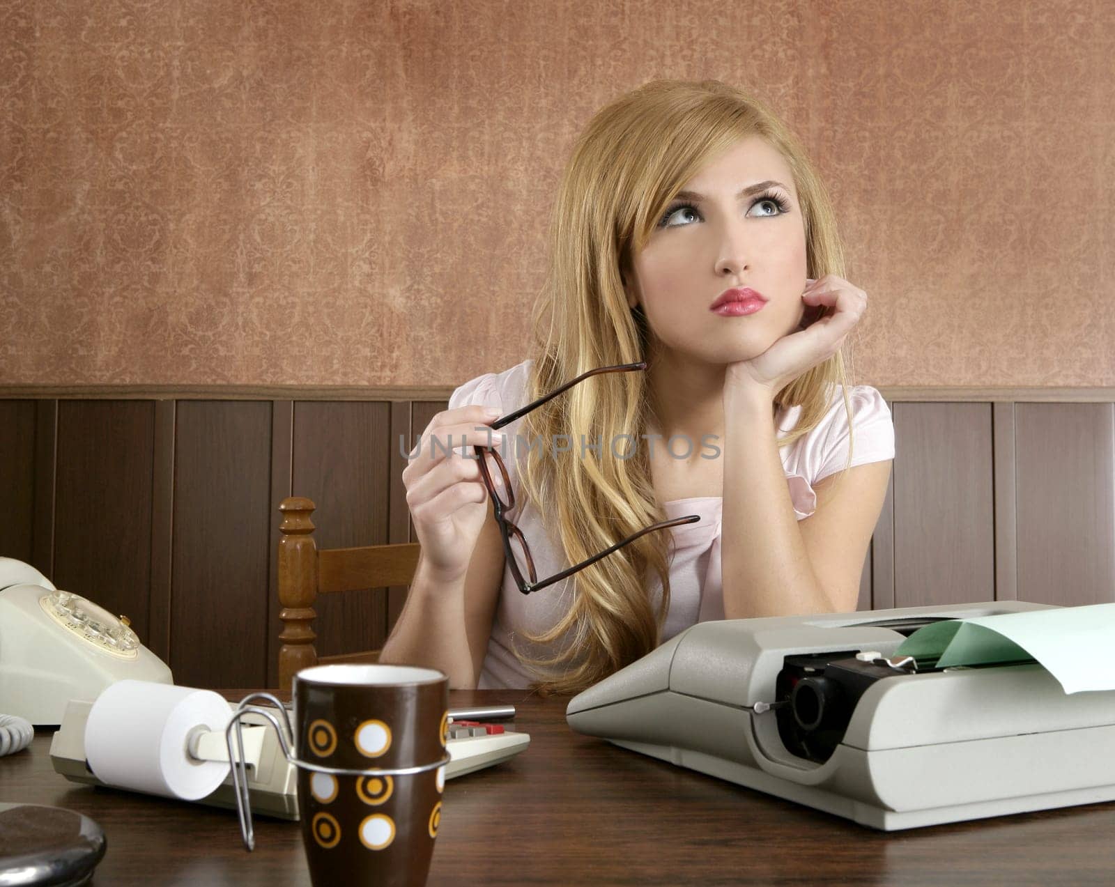 businesswoman retro secretary office vintage glasses typewriter accountant