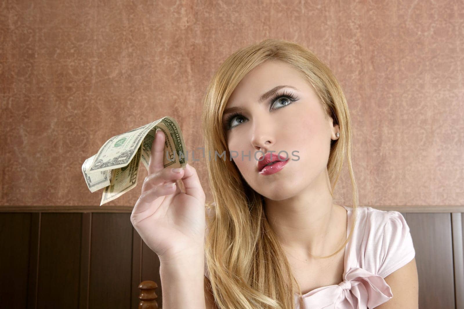 ambition retro woman lots of dollar money notes vintage office
