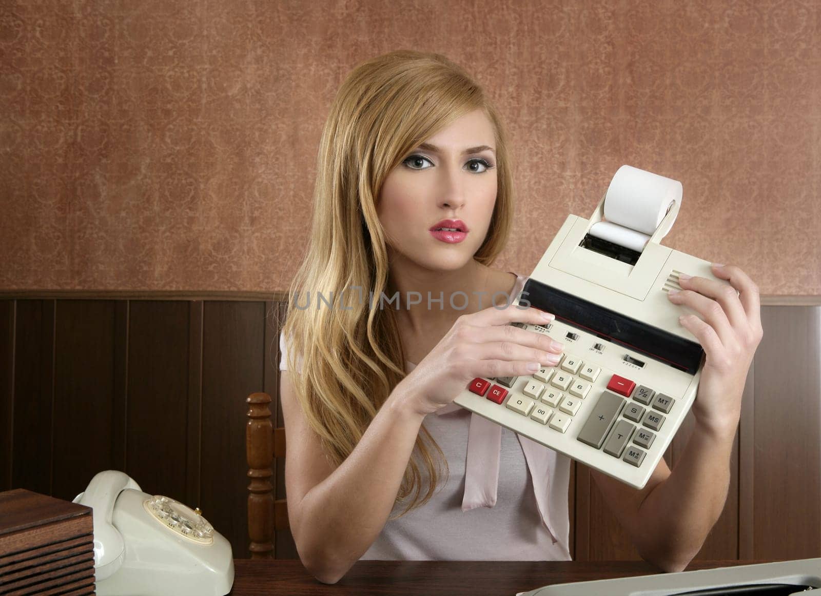 accountant retro secretary vintage calculator wooden office beautiful woman