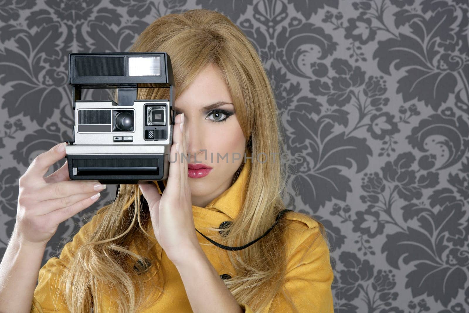 fashion photographer retro camera reporter woman vintage wallpaper yellow coat