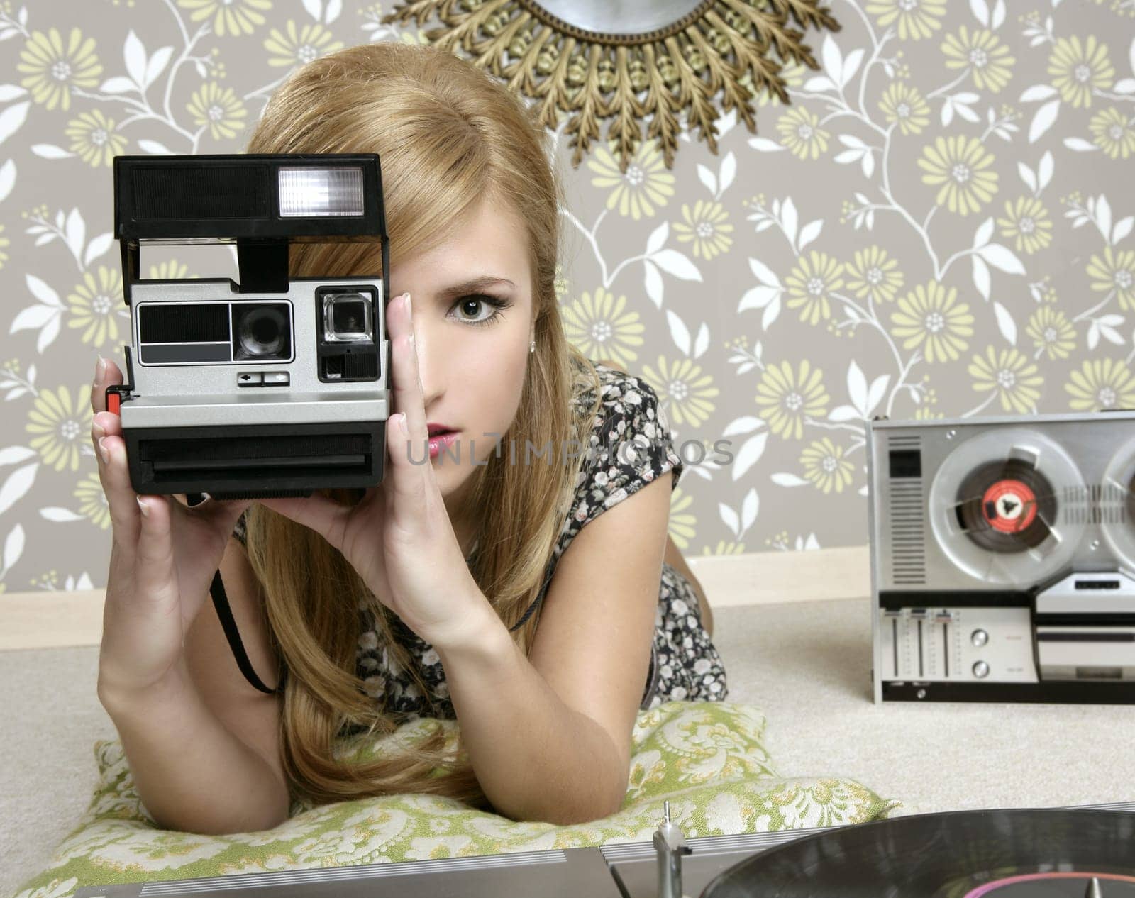 camera retro photo woman in vintage room wallpaper