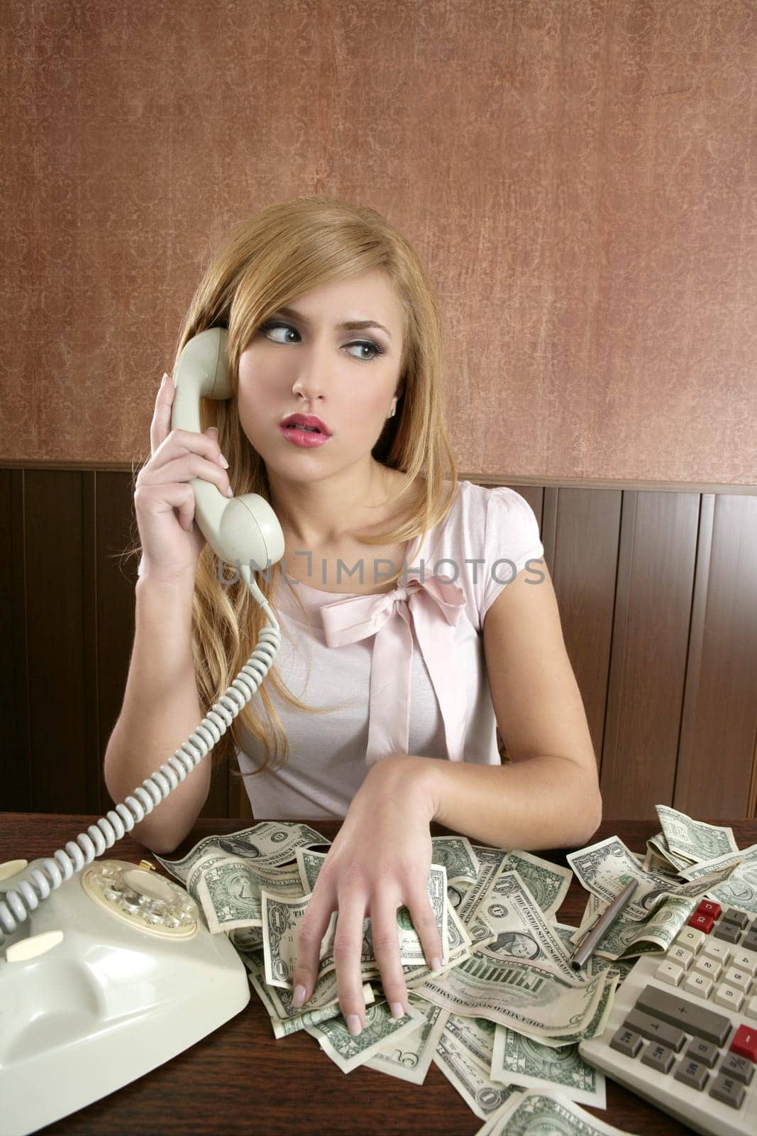 ambition retro woman lots of dollar money notes vintage office
