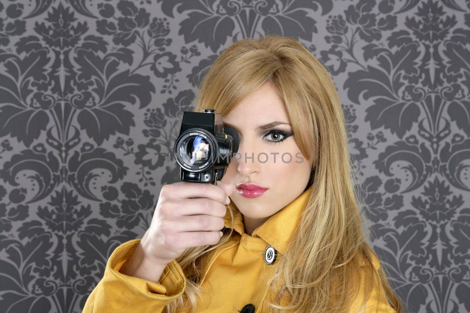 fashion Super 8mm camera reporter woman vintage wallpaper yellow coat