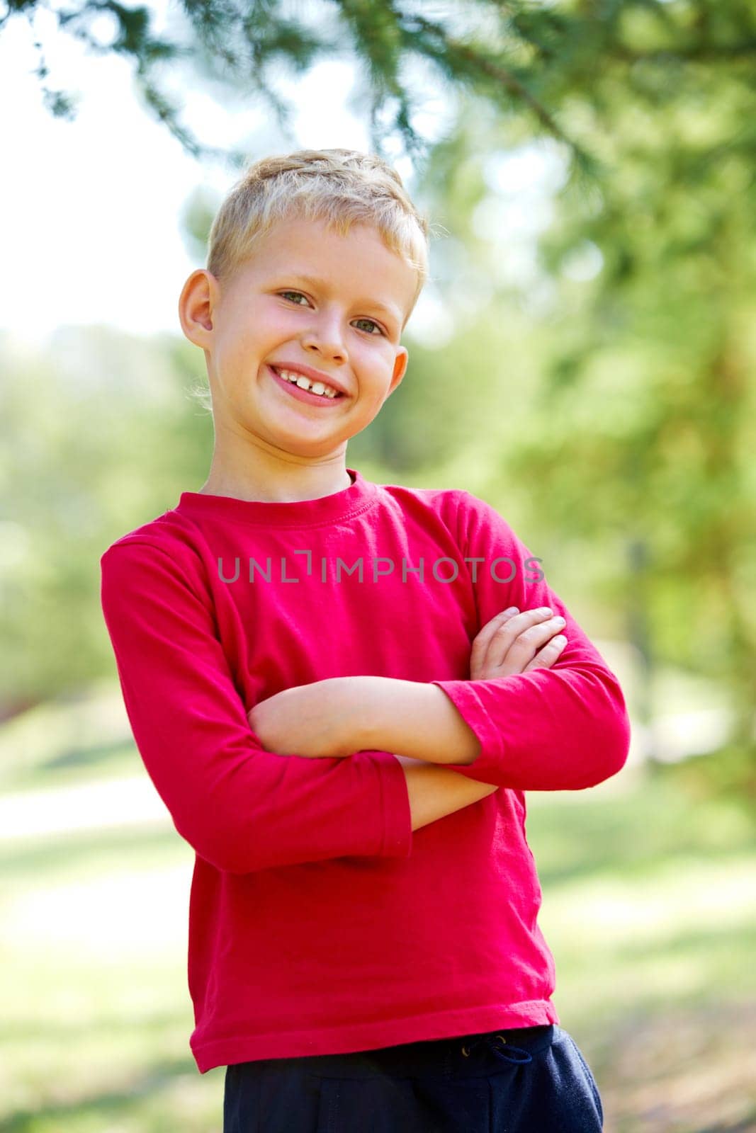 Portrait of happy lad crossing arms and looking at camera with smile