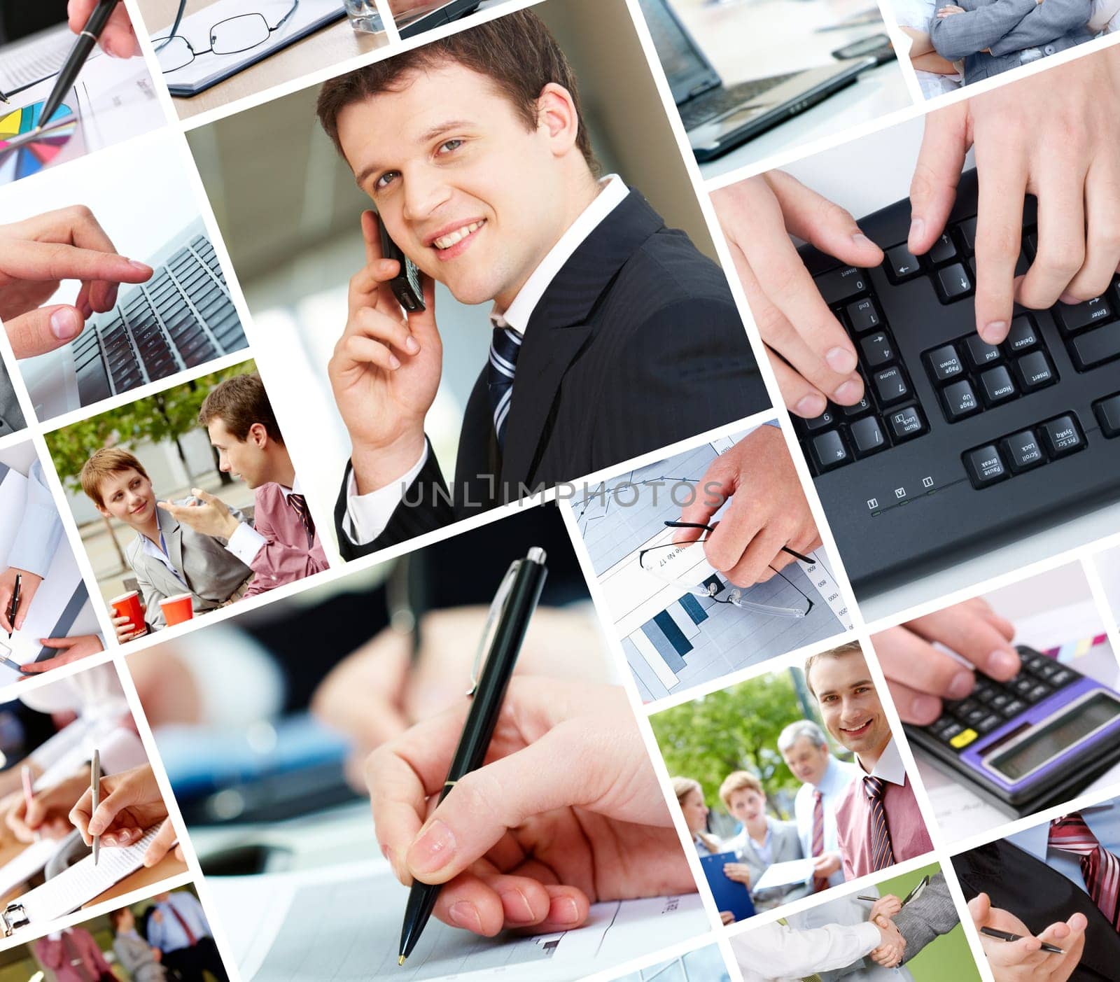 Collage of technology in business, white collar workers and objects