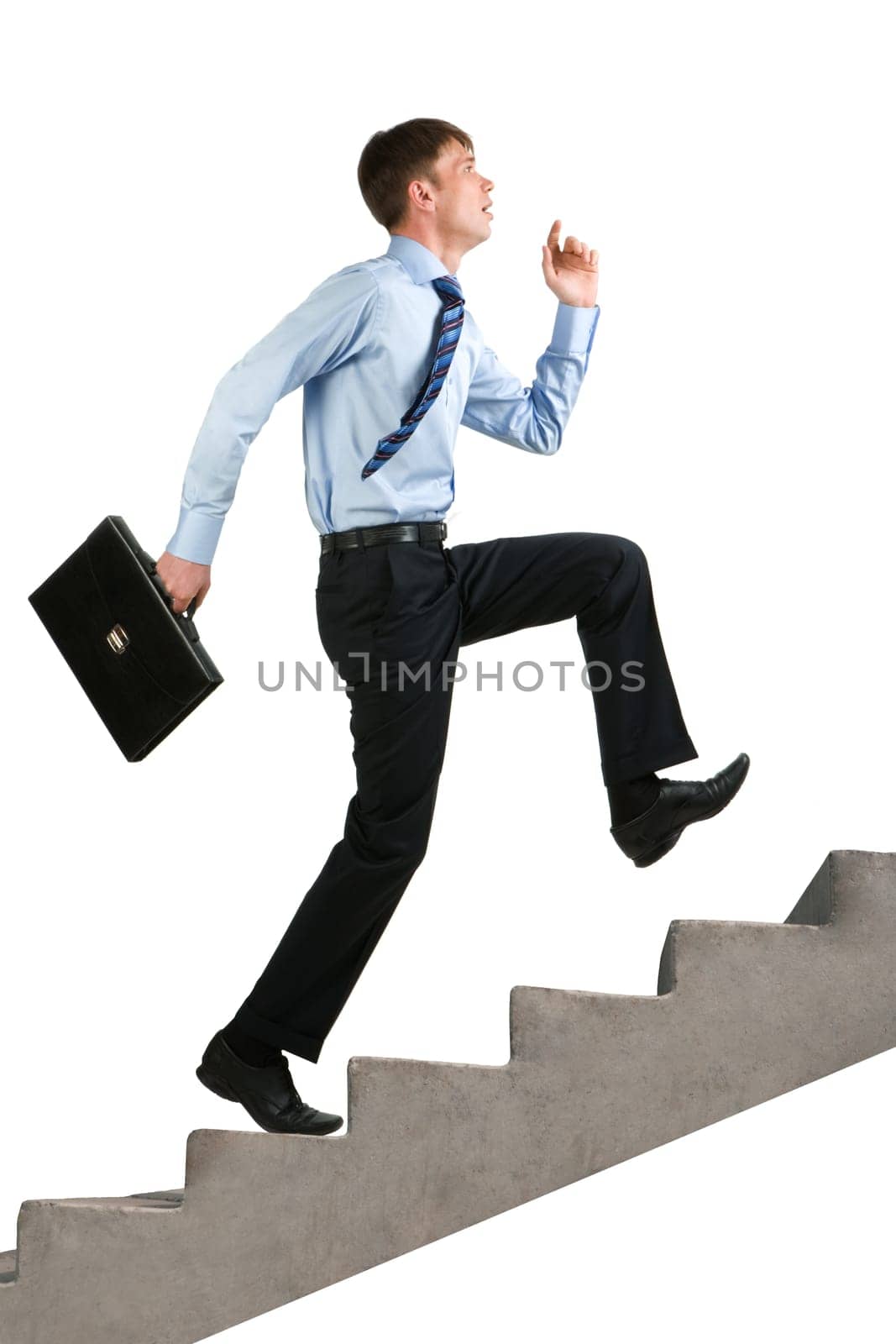 Image of happy businessman running upstairs