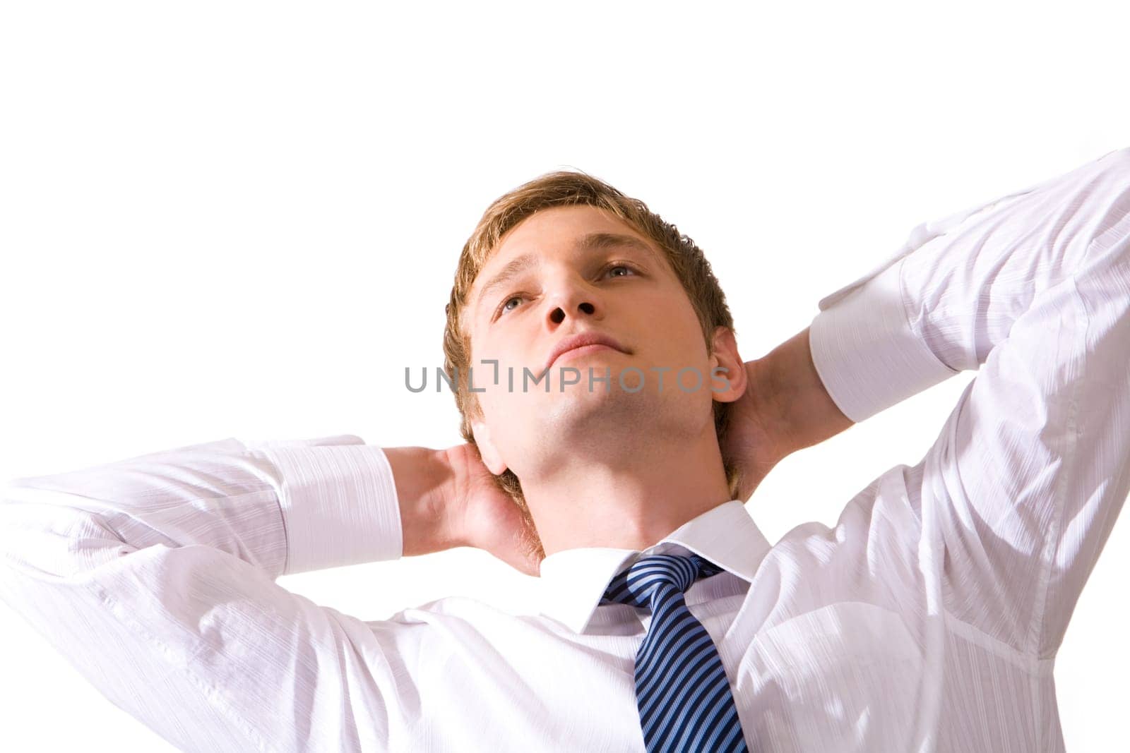 Photo of thoughtful businessman looking upwards with pensive expression