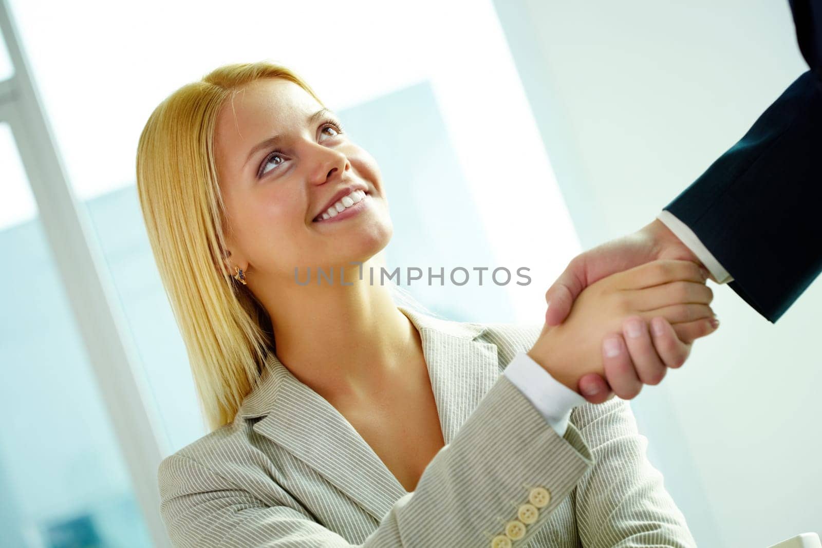Image of businesswoman handshaking with business partner and looking at him