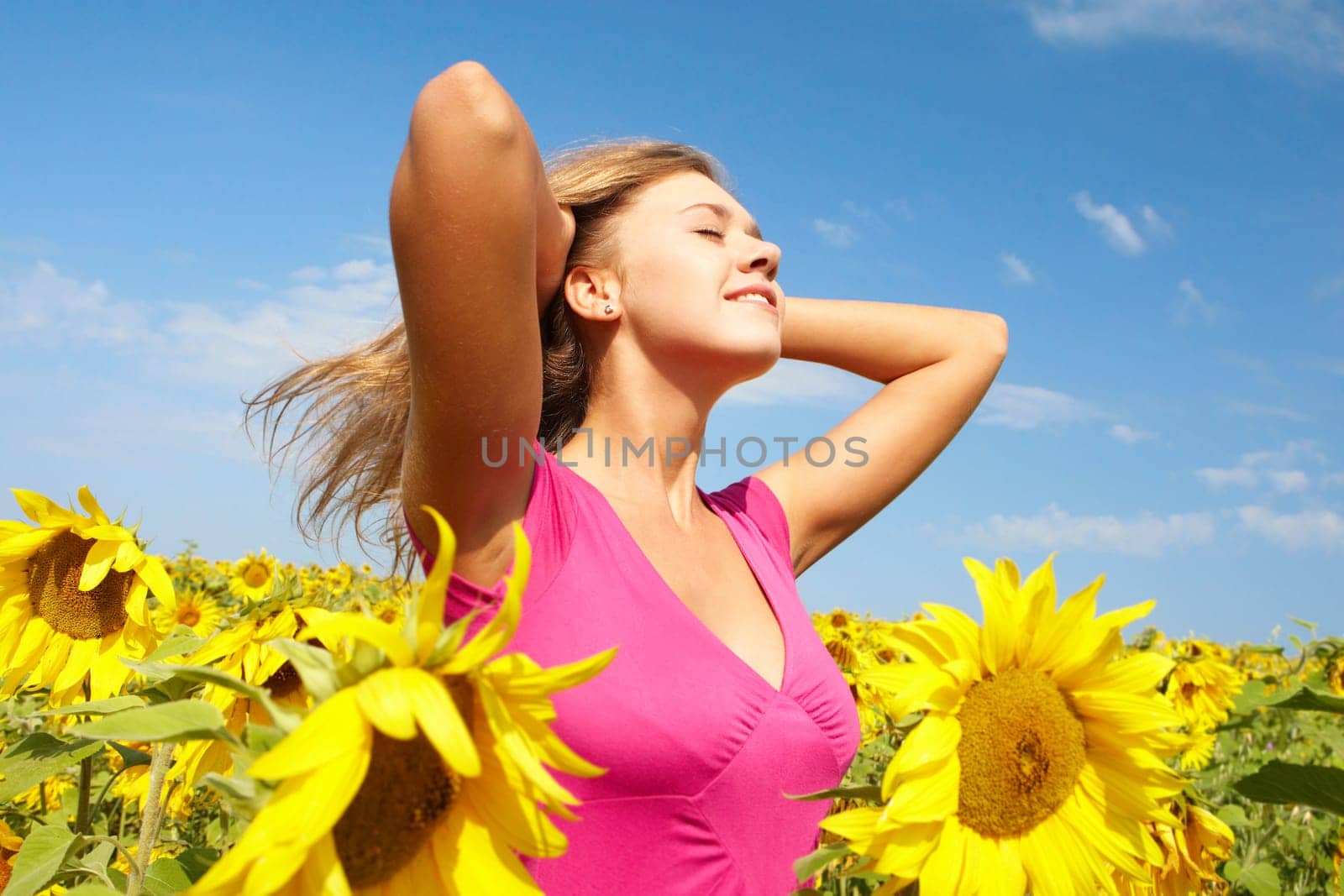 Photo of pretty girl among sunflowers having nice time on sunny day