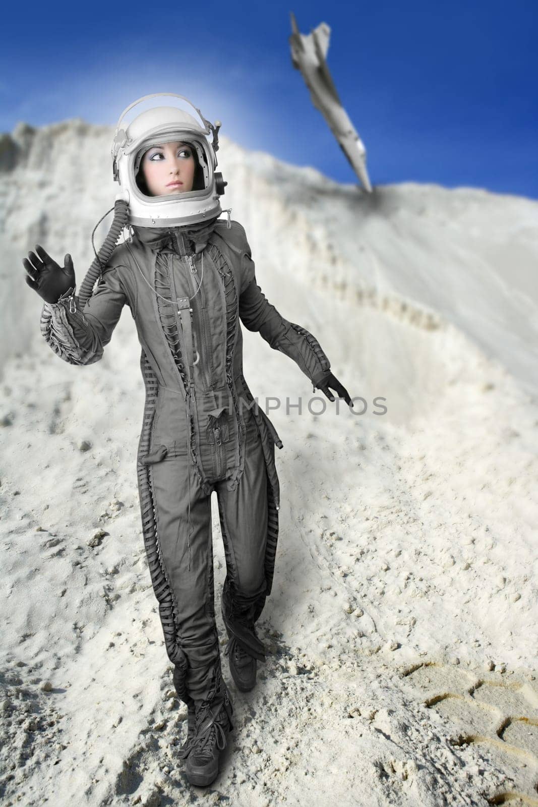 astronaut fashion womanaircraft crash space suit helmet moon landscape