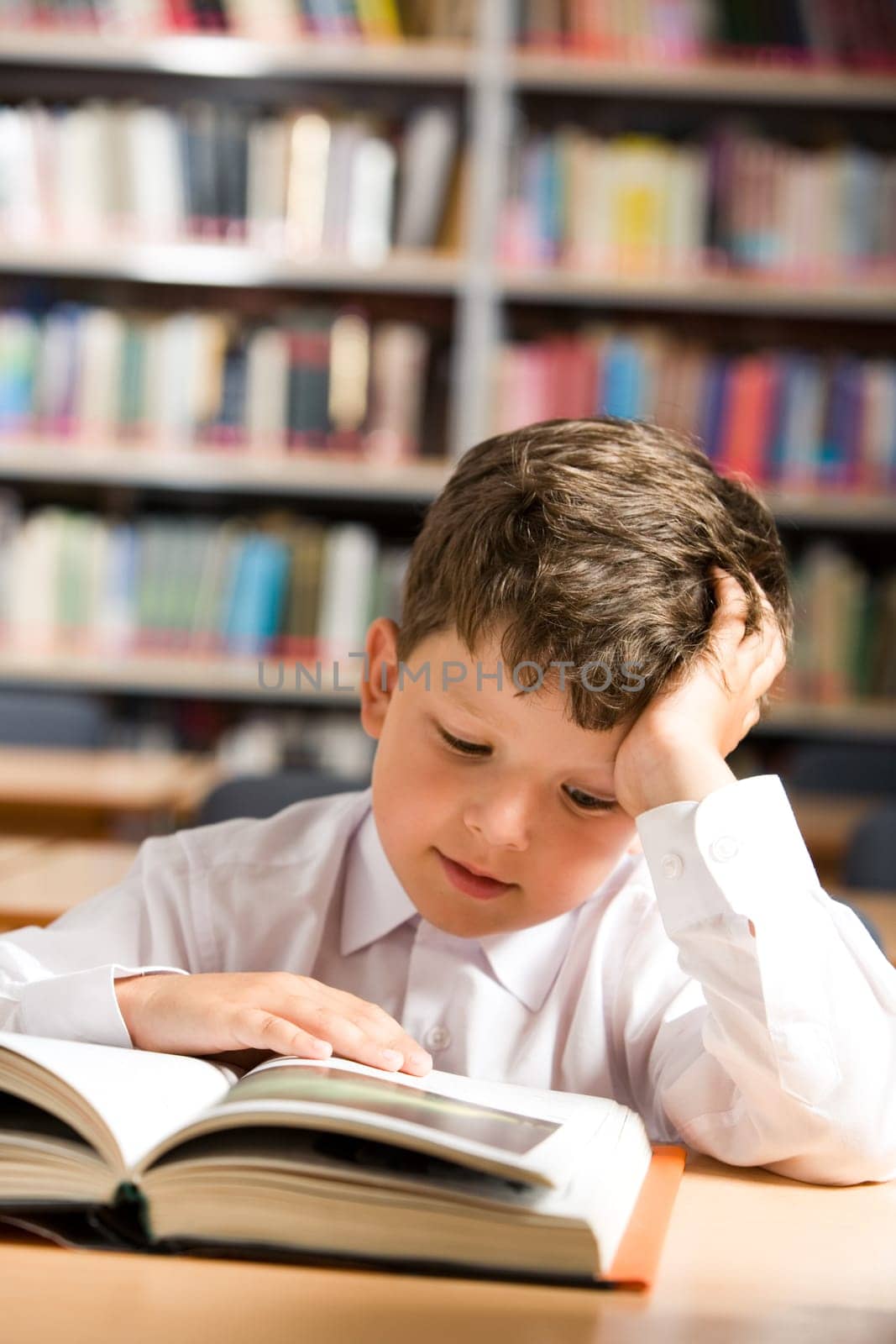 Vertical image of interested schoolkid reading book in the library