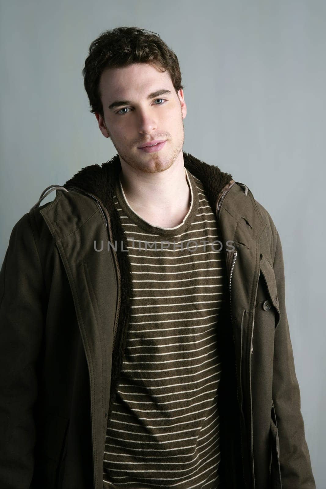 young student autumn winter fashion portrait gray grunge background